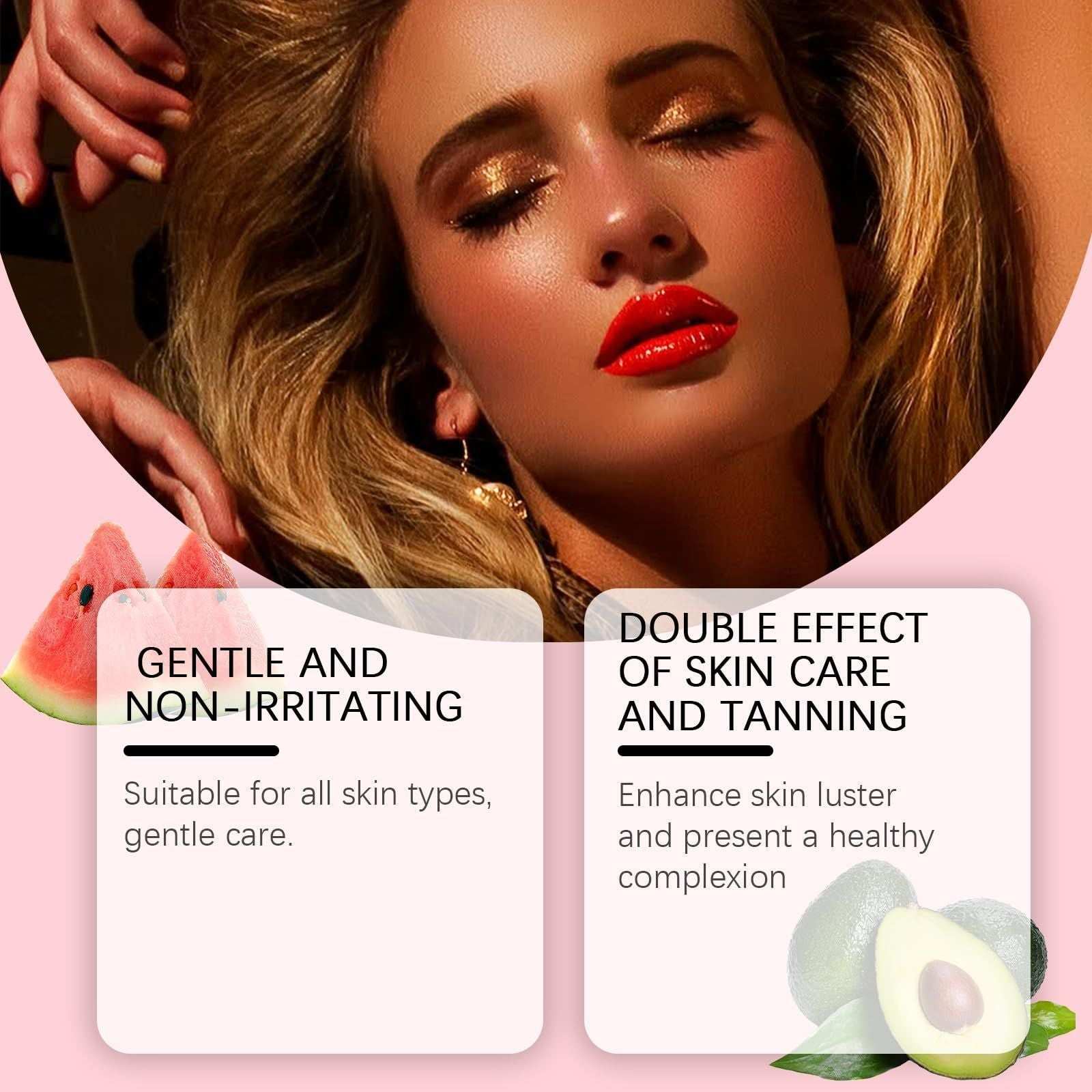 Drinkable Sunless Tanning Drops shown in pink product packaging with a woman’s glowing complexion and skin care claims