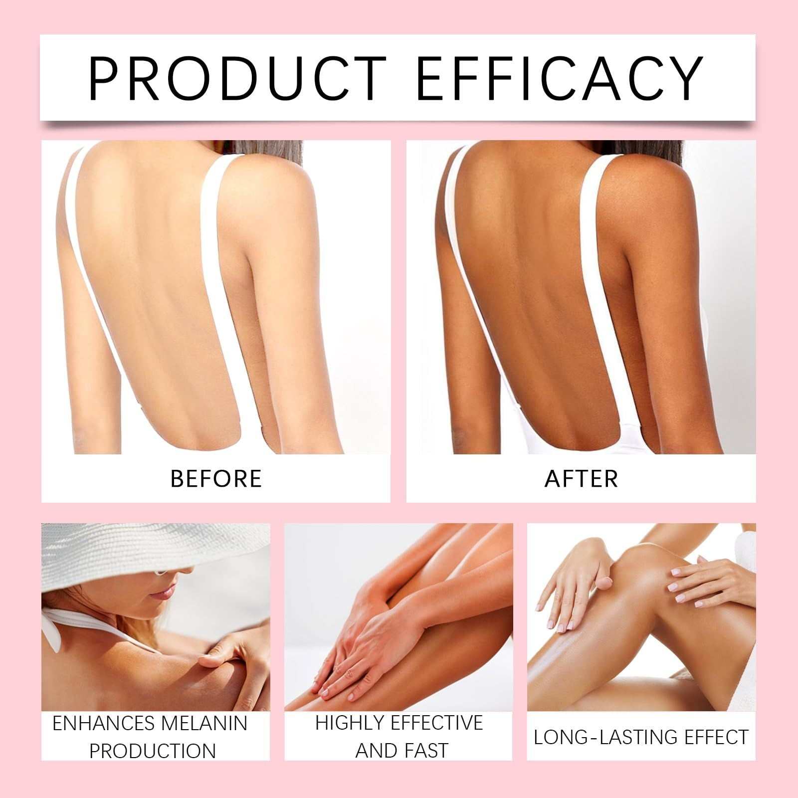 Drinkable Sunless Tanning Drops product efficacy graphic showing before-and-after skin tones and tanning benefit captions