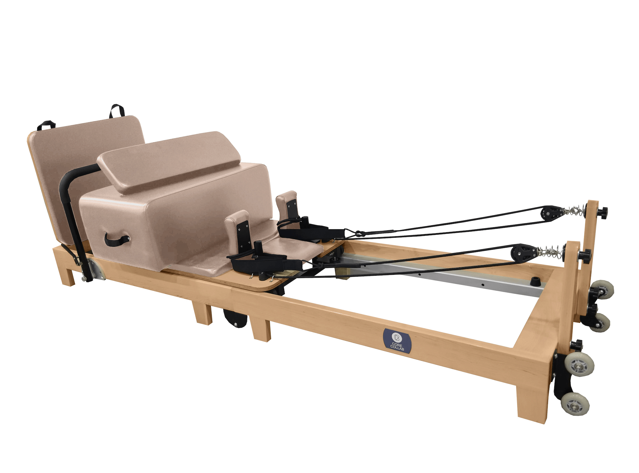 Eco Folding Pilates Reformer with a natural maple wood frame, beige padded carriage and backrest, and black straps