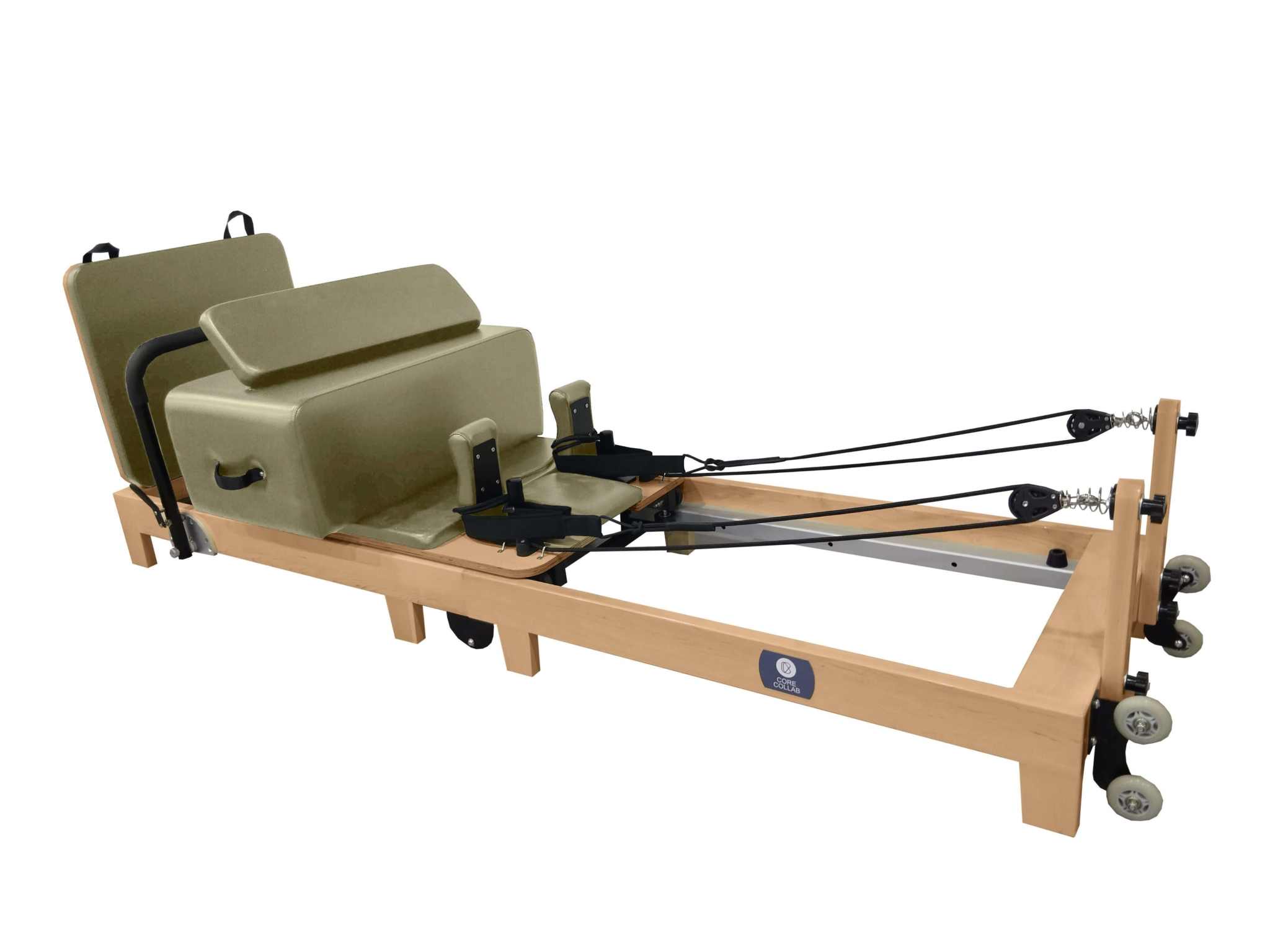 Eco Folding Pilates Reformer with a natural maple wood frame, olive green padded carriage, box and headrest, and folding design.