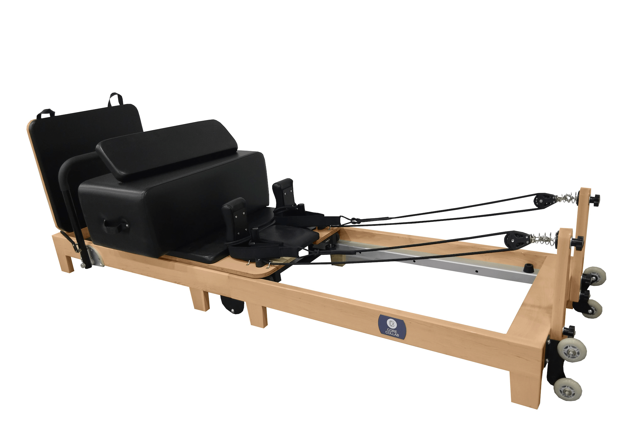 Eco Folding Pilates Reformer with a natural maple wood frame, black padded carriage, straps, and pulley system.
