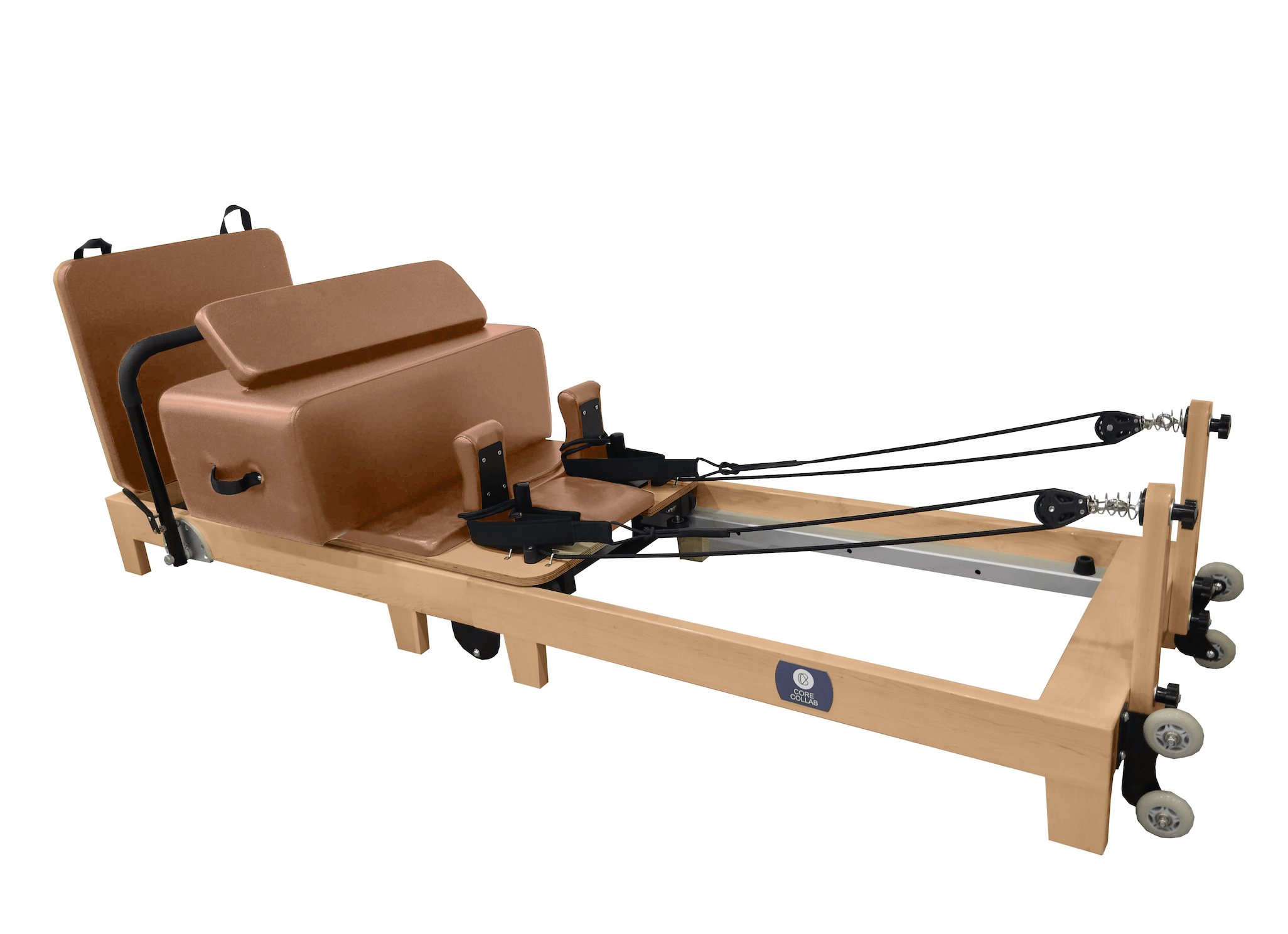 Eco Folding Pilates Reformer with a natural maple wood frame, tan padded carriage and black straps