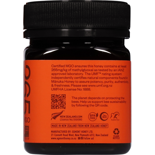 Egmont Manuka Honey in a black jar with a vivid orange label and ribbed black screw-top lid