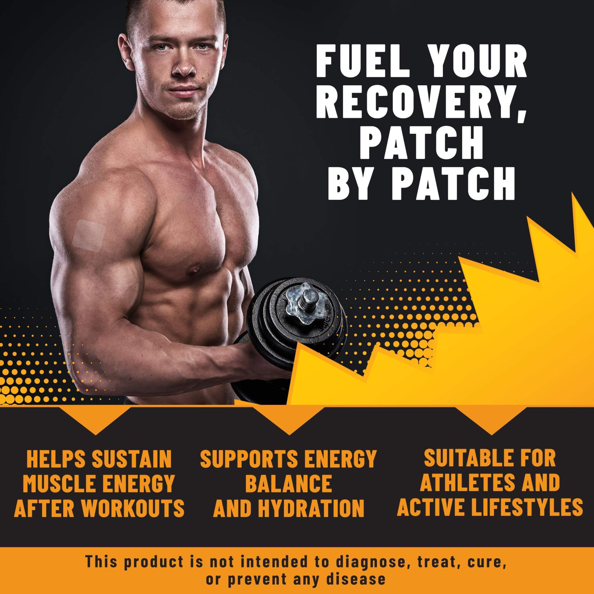 Electrolyte Patches with Vitamin D promotional graphic featuring muscular athlete, dumbbell, and orange fitness messaging