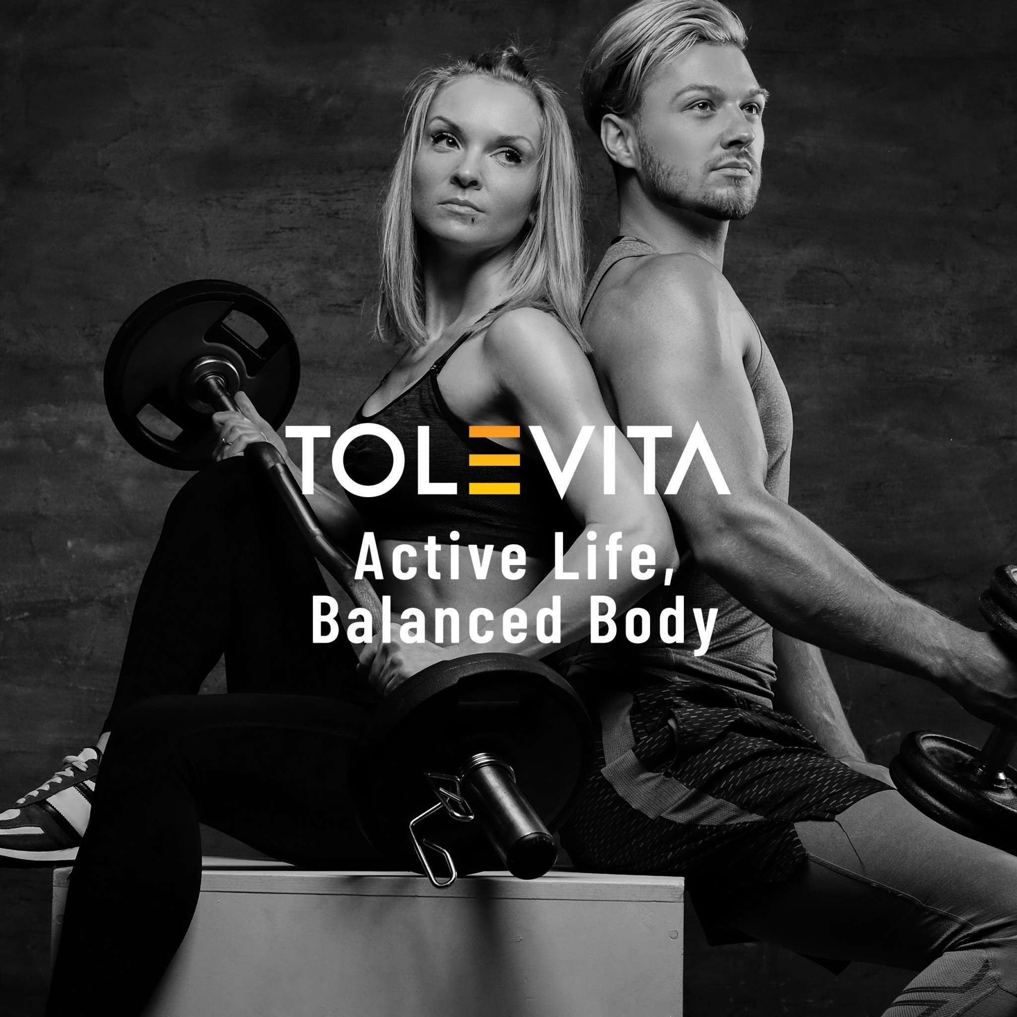 Electrolyte Patches with Vitamin D branding over grayscale fitness scene with athletes, barbells, and active lifestyle slogan