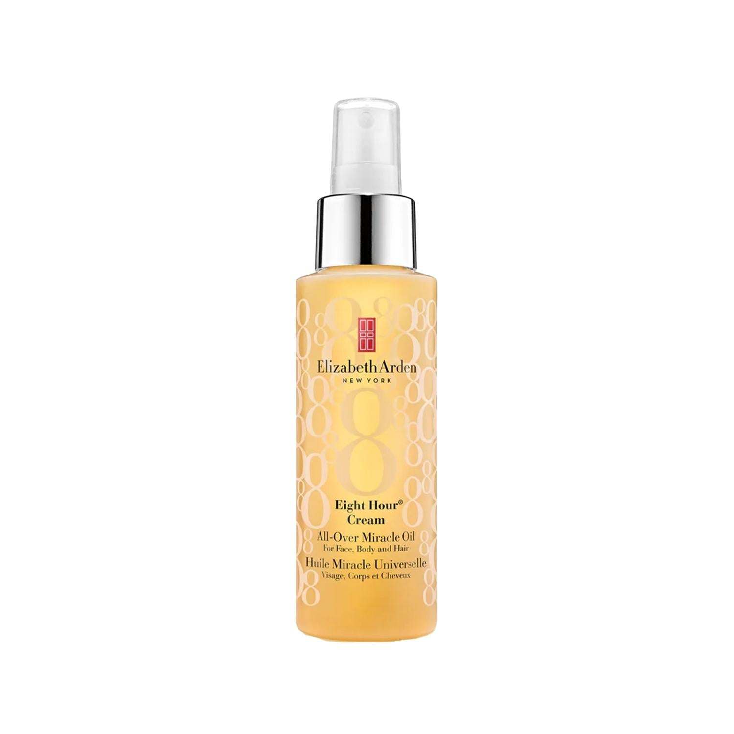 Body and hair oil bottle, golden amber with Elizabeth Arden Eight Hour Cream label and pump dispenser