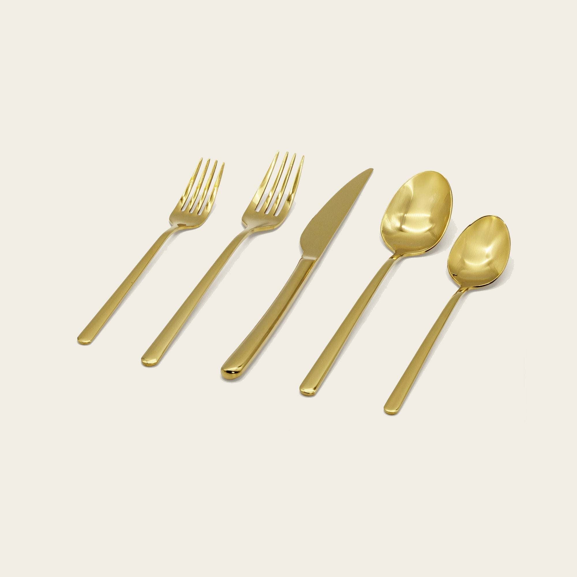 Emilia Mirror 20-Piece Flatware Set with gold-tone mirror-finished stainless steel forks, knife and spoons