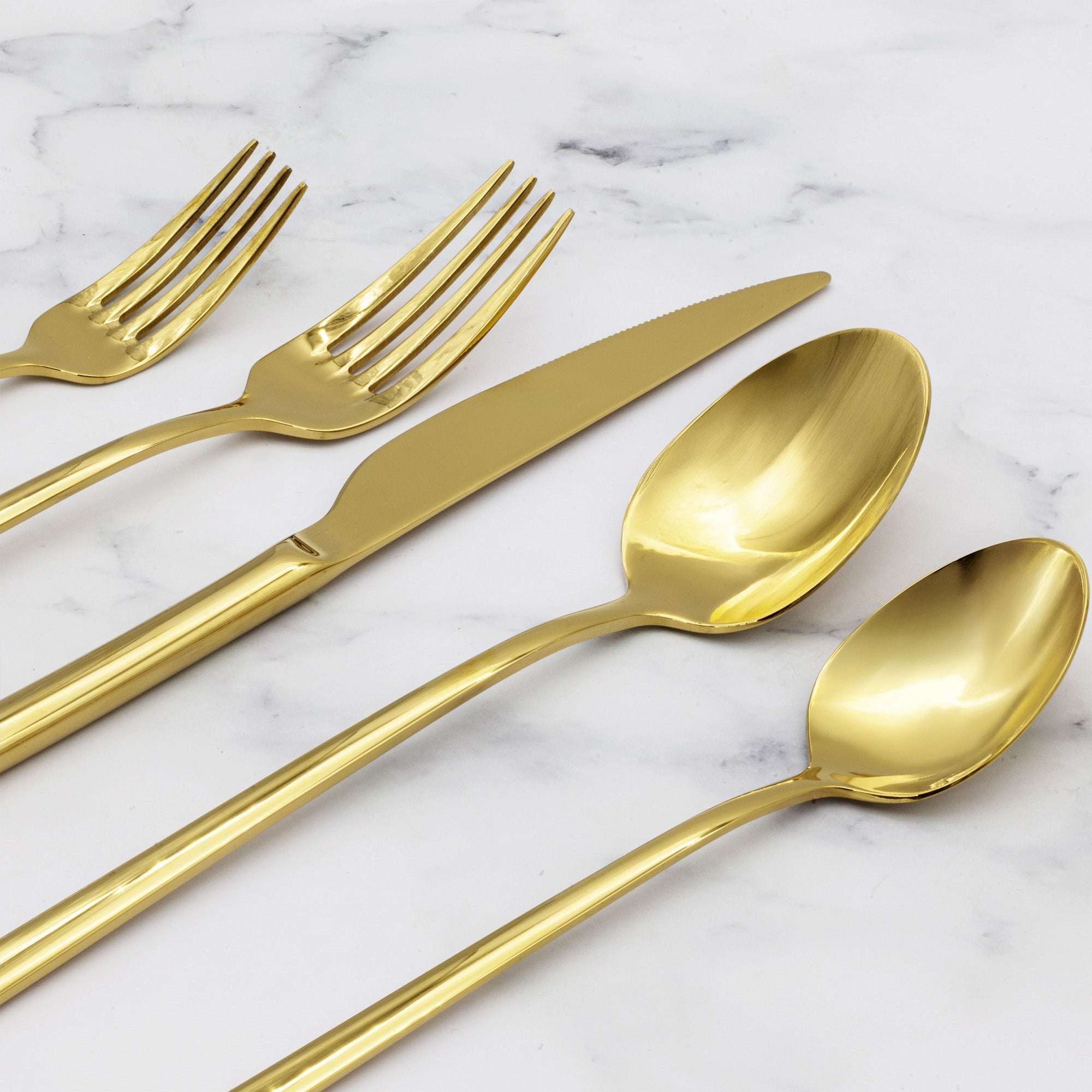 Emilia Mirror 20-Piece Flatware Set in polished gold stainless steel, with sleek contemporary handles and smooth surfaces
