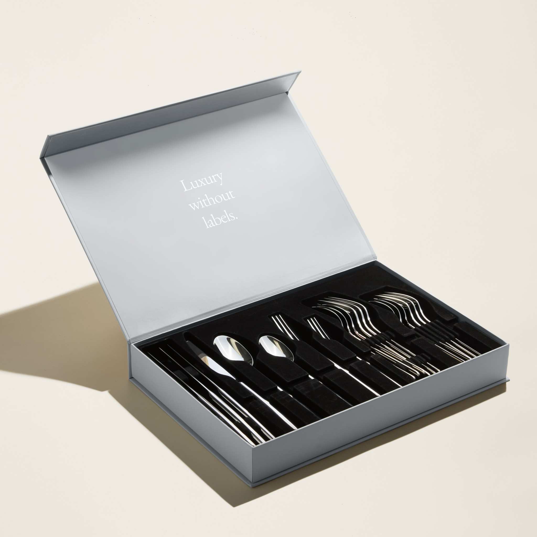Emilia Mirror 20-Piece Flatware Set in silver mirror-finished stainless steel, neatly arranged in a presentation box