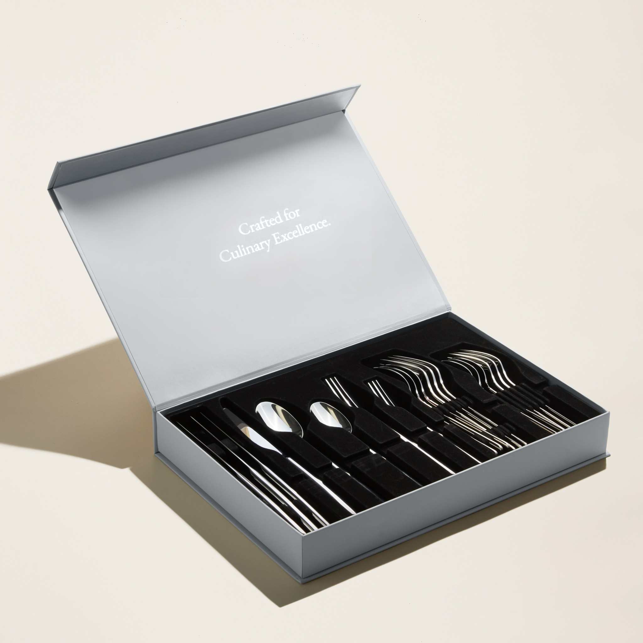 Emilia Mirror 20-Piece Flatware Set in polished silver stainless steel, arranged in a fitted presentation box
