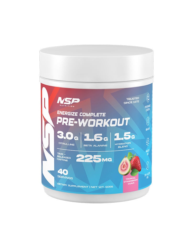 Energize Complete Pre-Workout strawberry guava supplement tub