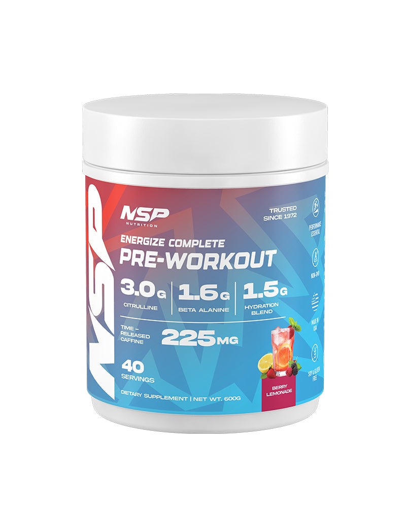 Energize Complete Pre-Workout Strawberry Guava flavor tub by NSP Nutrition