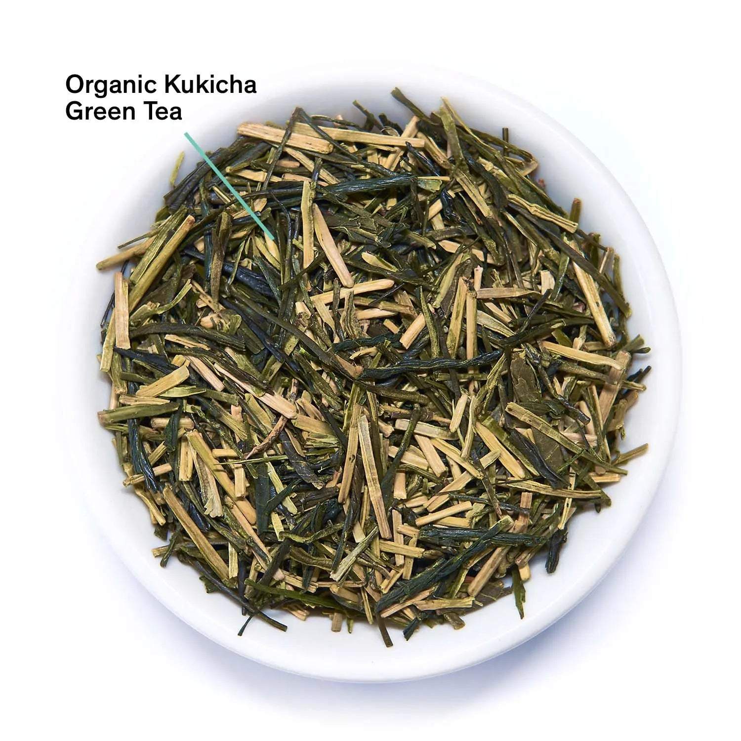 Essentials Bright Green Tea organic kukicha, loose green and tan leafy tea blend with needle-like pieces