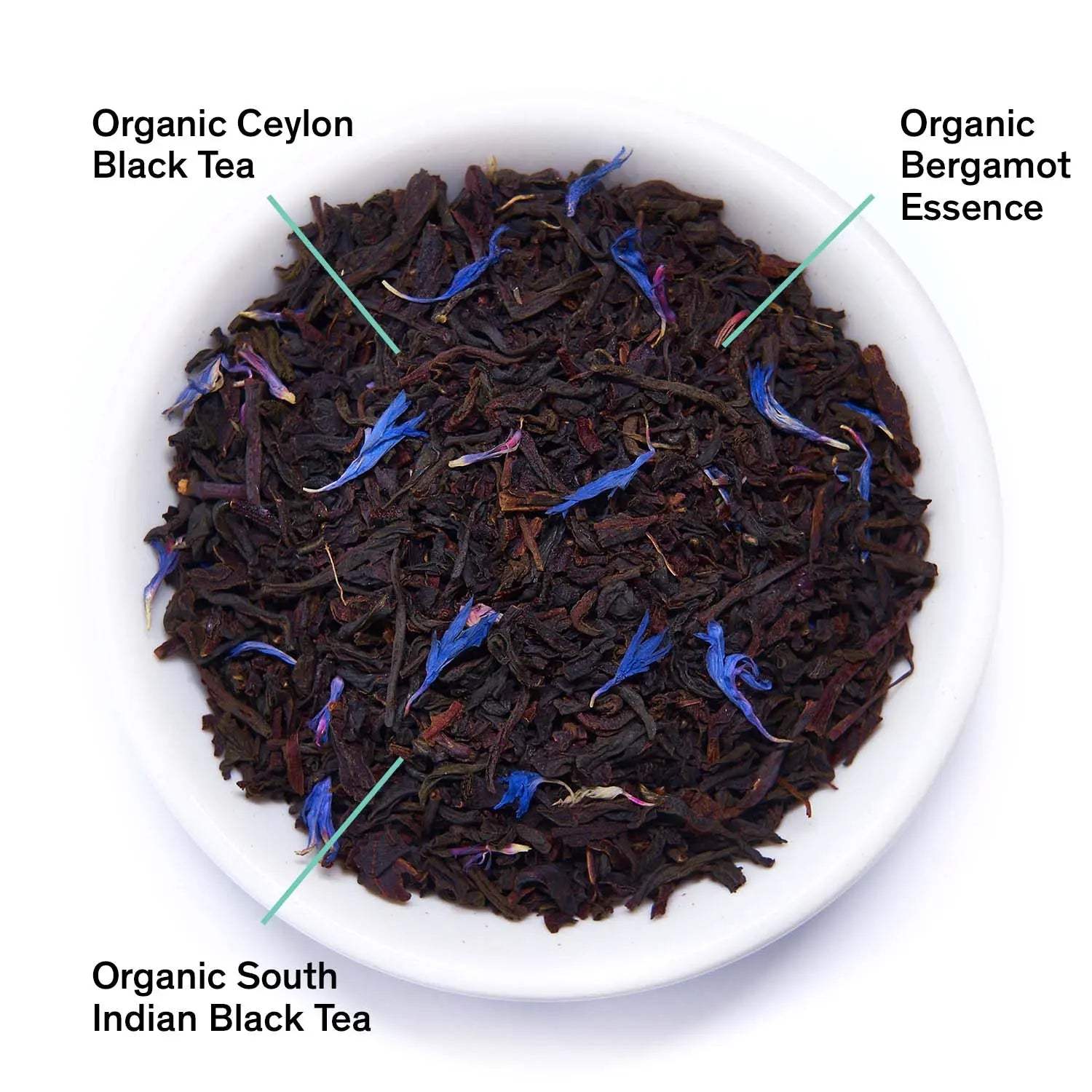Essentials Earl Grey Black Tea with dark organic black tea leaves and blue cornflower petals