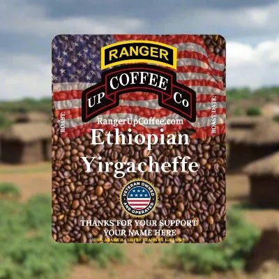 Ethiopian Yirgacheffe Coffee K-Cups in a brown coffee-bean pouch with an American flag design and Ranger Coffee label