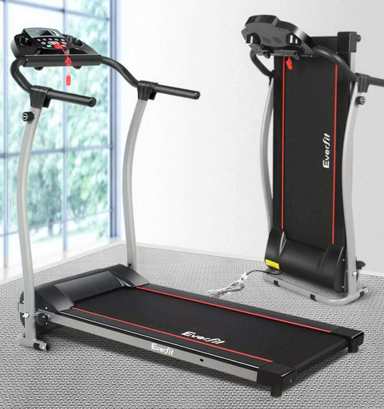 Everfit Treadmill electric home gym machine in black and gray with red accents, foldable design and digital control panel