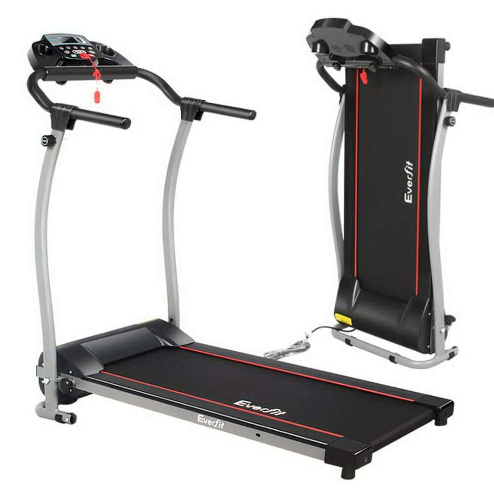 Everfit Treadmill in black with red accents, featuring a digital control panel and foldable steel frame for home gym use.
