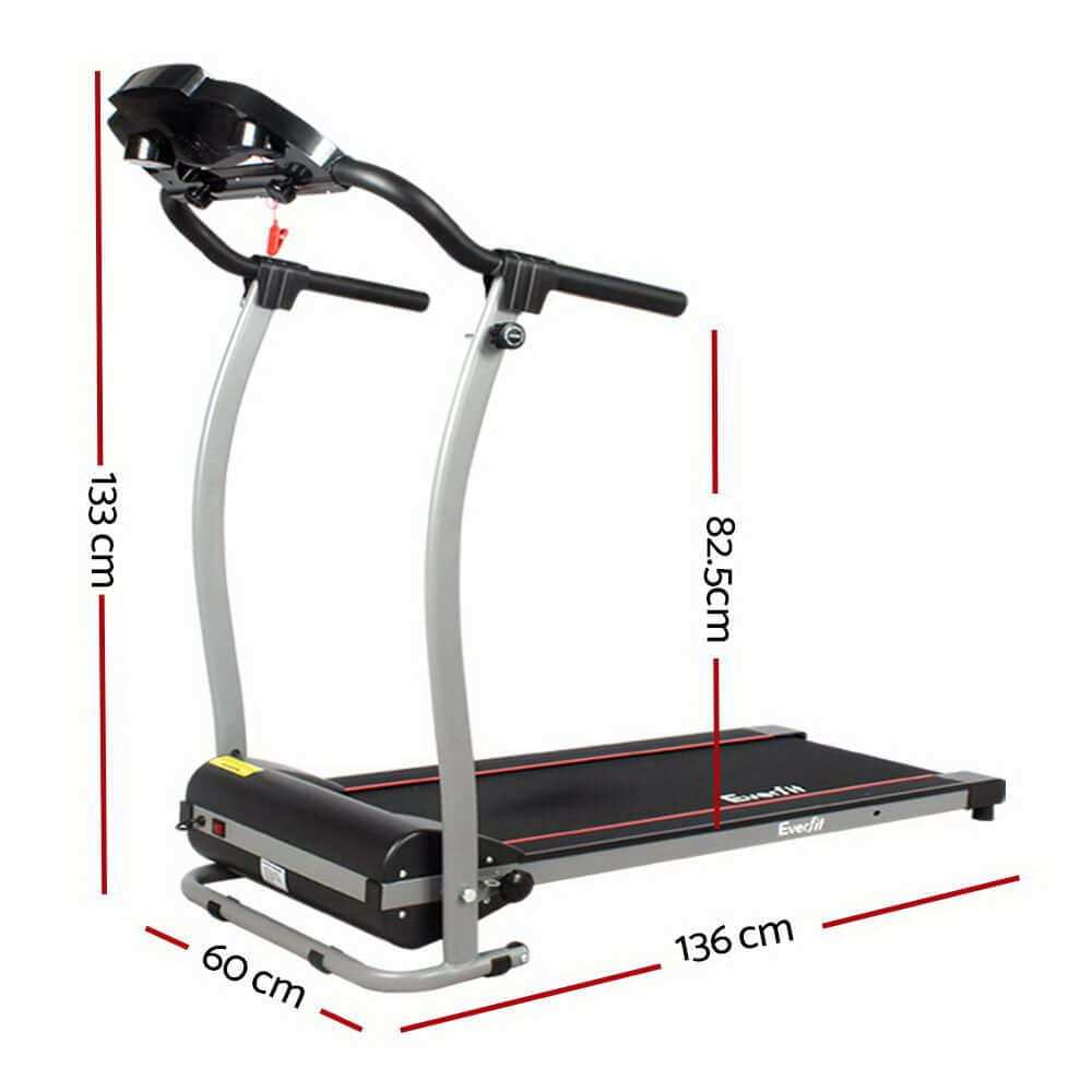 Everfit Treadmill electric home exercise machine in black and silver with digital display and safety key features detailed measurements