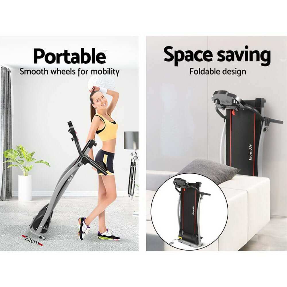 Everfit Treadmill electric home gym machine in black with foldable, portable design and smooth wheels for easy mobility and space saving.