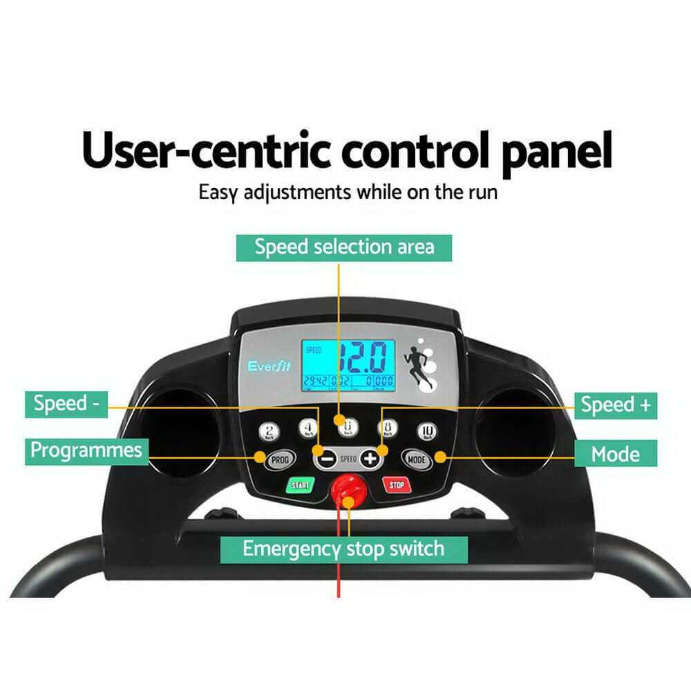 Everfit Treadmill black control panel with LCD screen, speed and program buttons, and emergency stop switch