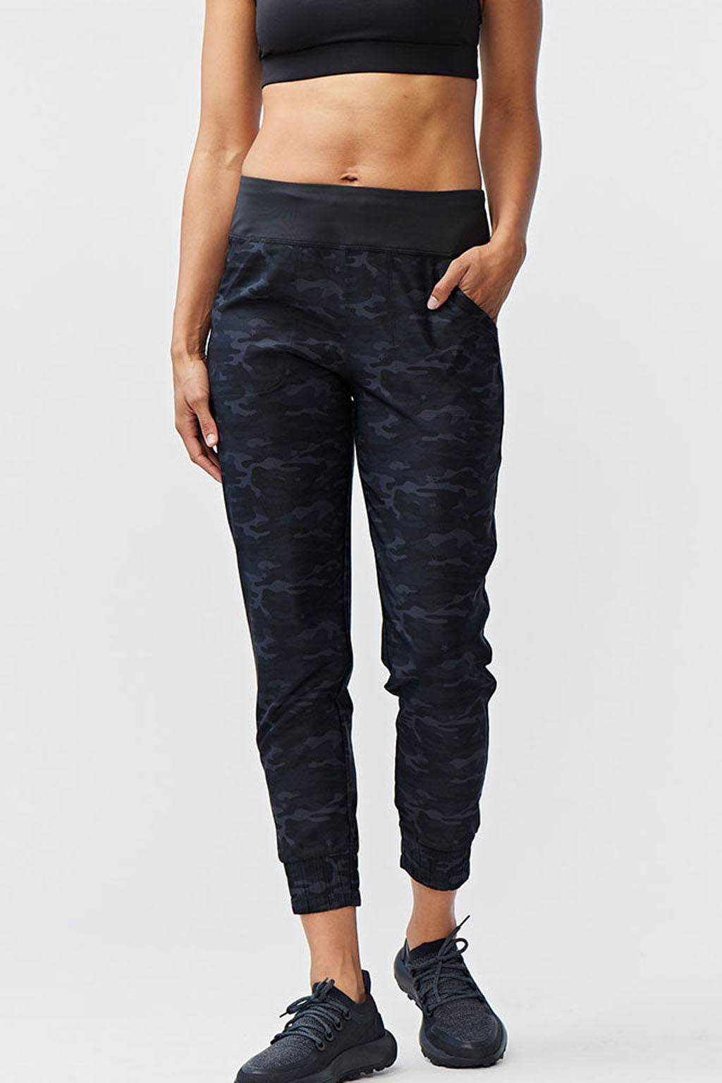 Excel Jogger pants in black and charcoal camouflage print with a wide elastic waistband and tapered legs