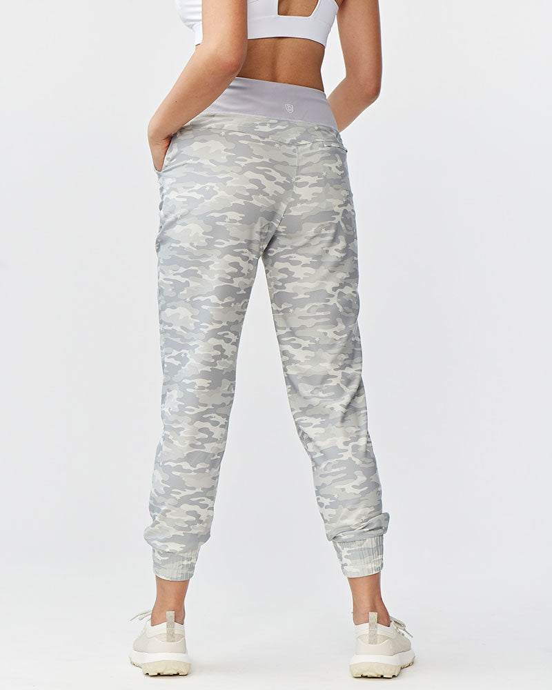 Excel Jogger pants in a grey and white camouflage pattern, with a wide waistband and elastic ankle cuffs
