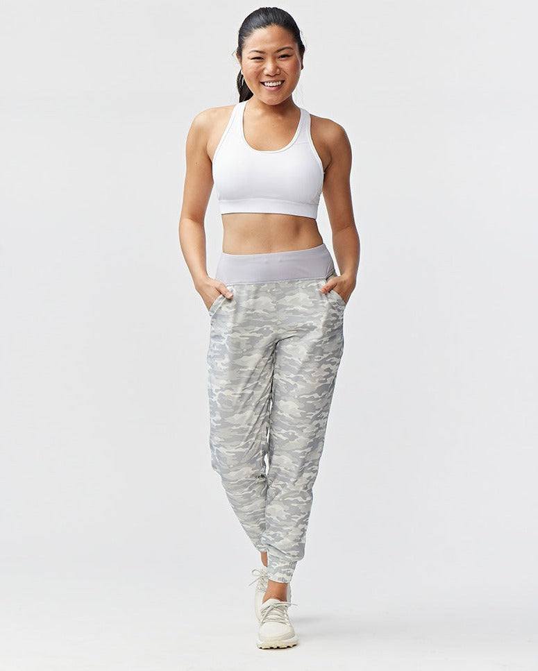Excel Jogger pants in a light gray camouflage print with a wide elastic waistband, pockets and tapered legs