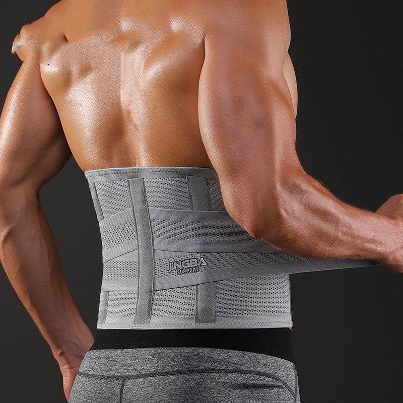 Exercise waist protection grey breathable polyester fiber fitness belt with adjustable straps and support braces on a muscular man