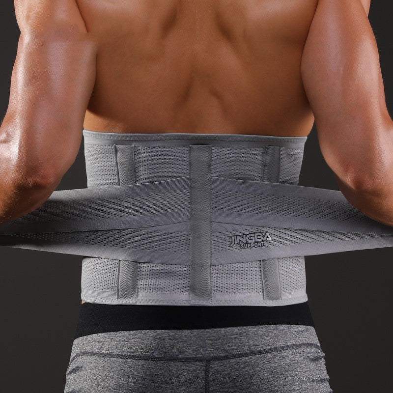 Exercise waist protection in grey polyester fiber with adjustable straps and breathable mesh design for fitness support.