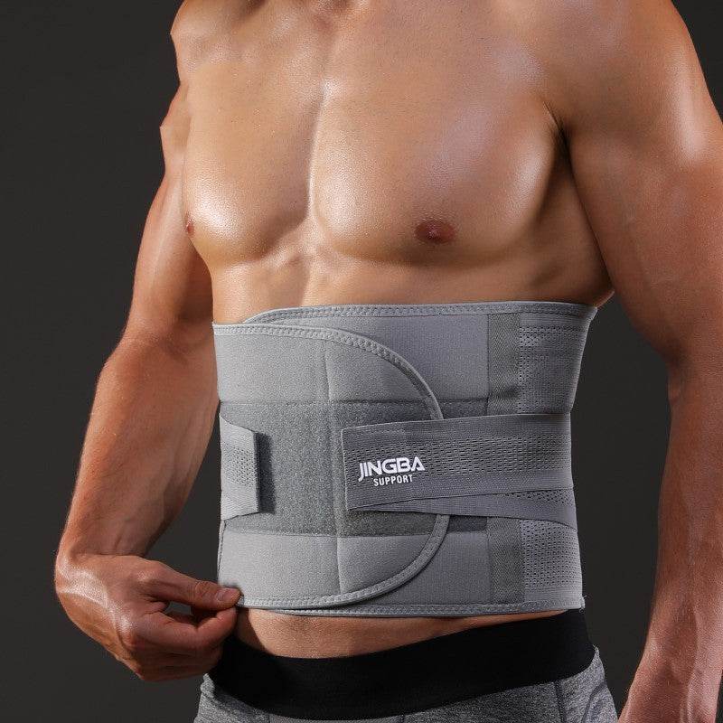 Exercise waist protection in grey polyester fiber with adjustable straps and hook-and-loop fasteners for secure fit on torso.