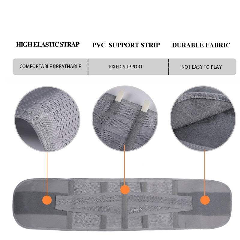 Exercise waist protection belt in grey polyester fabric with high elastic strap, PVC support strip, and durable breathable material design.