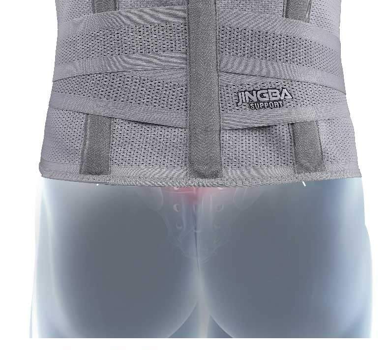 Exercise waist protection in grey polyester fiber with breathable mesh and adjustable straps for lumbar support and stability.