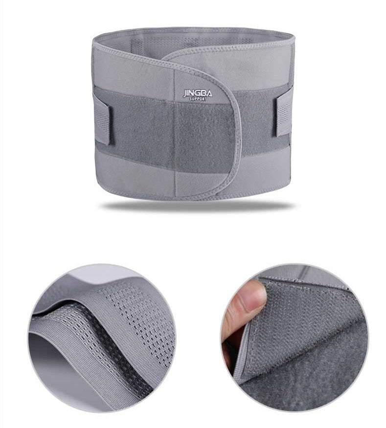 Exercise waist protection in grey polyester fiber with adjustable Velcro straps and breathable mesh panels for support and comfort.