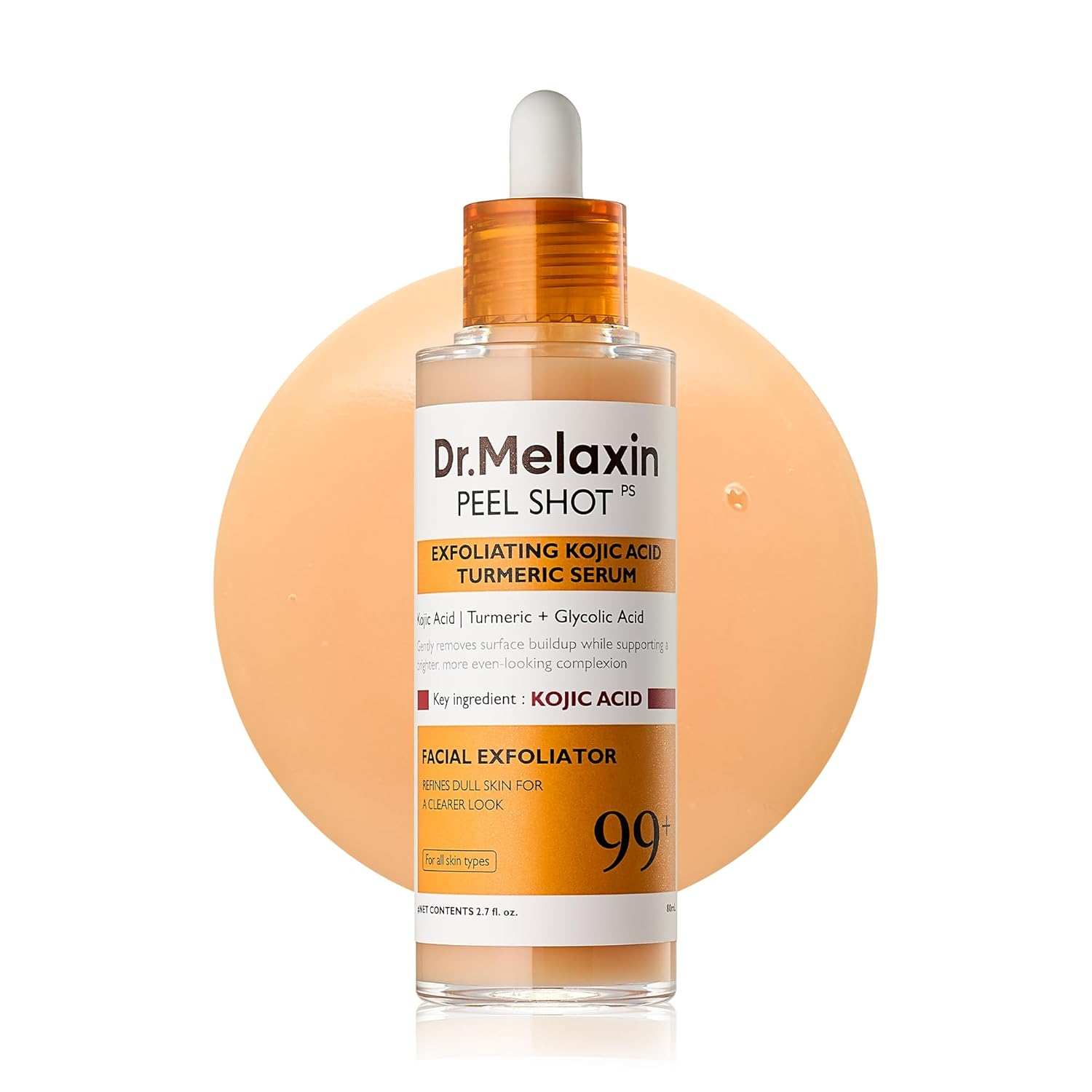 Exfoliating Kojic Acid Turmeric Serum in a clear dropper bottle with orange label and 99% facial exfoliator marking