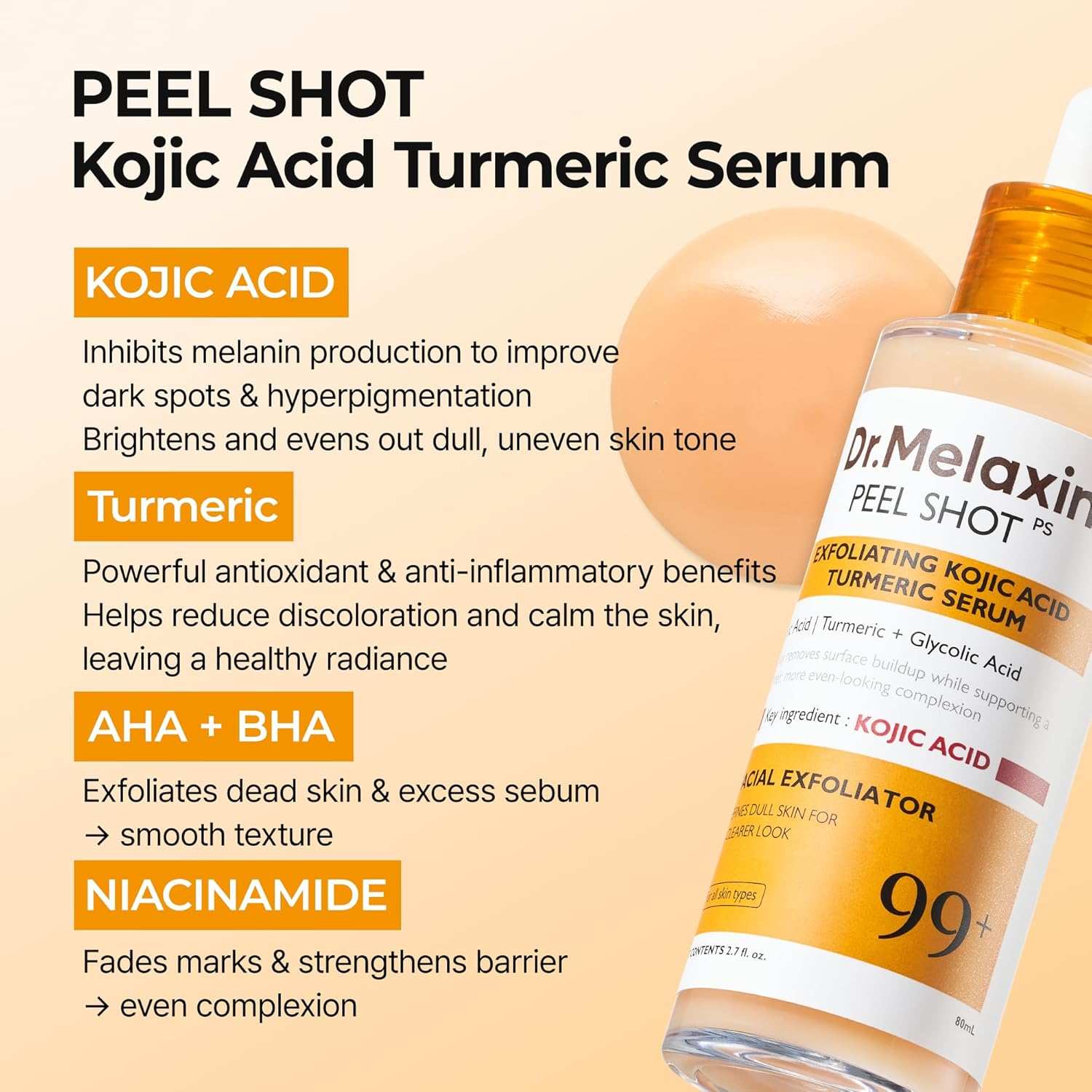 Exfoliating Kojic Acid Turmeric Serum in a clear bottle with an orange label and pump dispenser, 80 mL