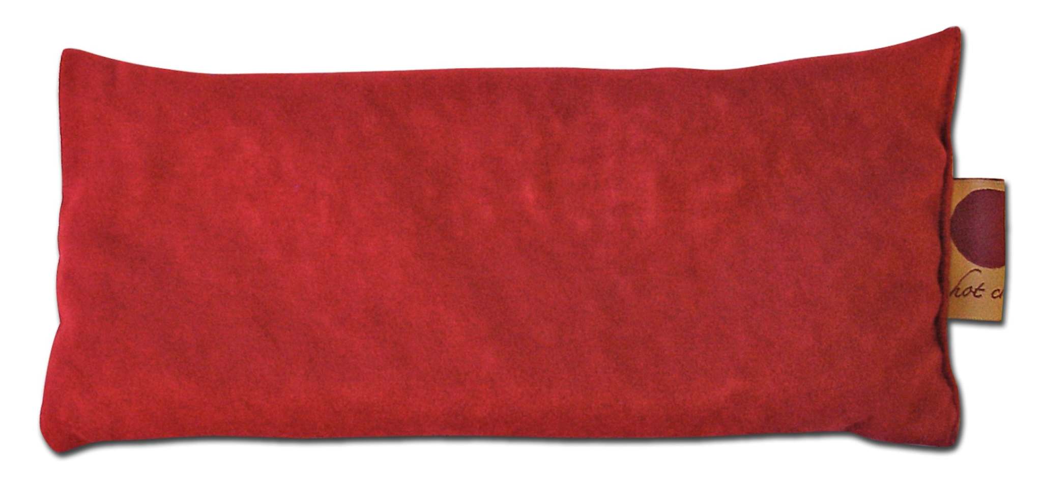 Eye Pillow in plush red ultra-suede fabric with a rectangular shape and stitched edges, soft texture visible.
