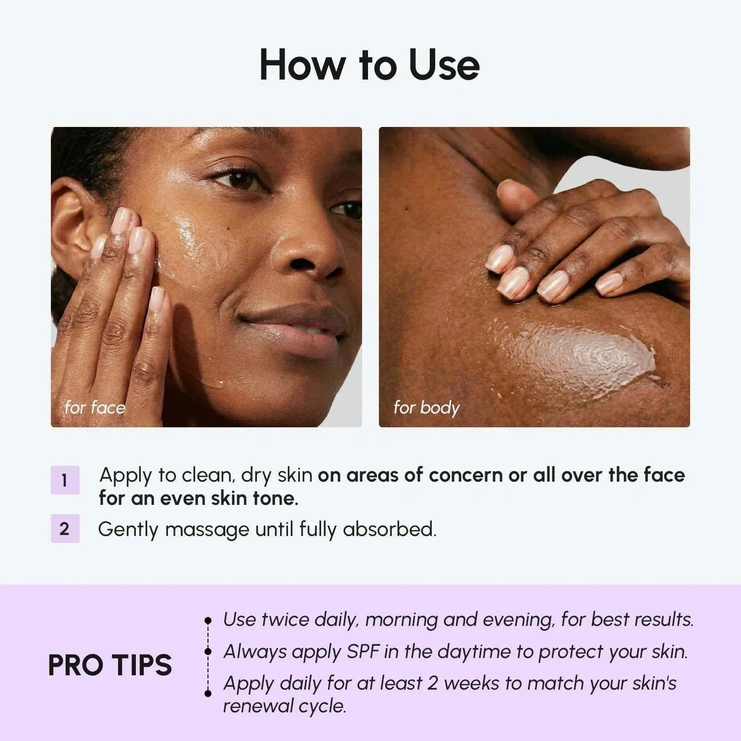 Face & Body Serum applied to dark skin on the face and body, with a glossy texture shown in use instructions