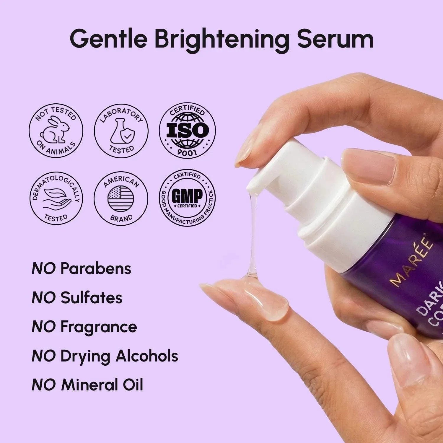 Face & Body Serum in a purple bottle with a white pump, shown dispensing clear serum onto a fingertip