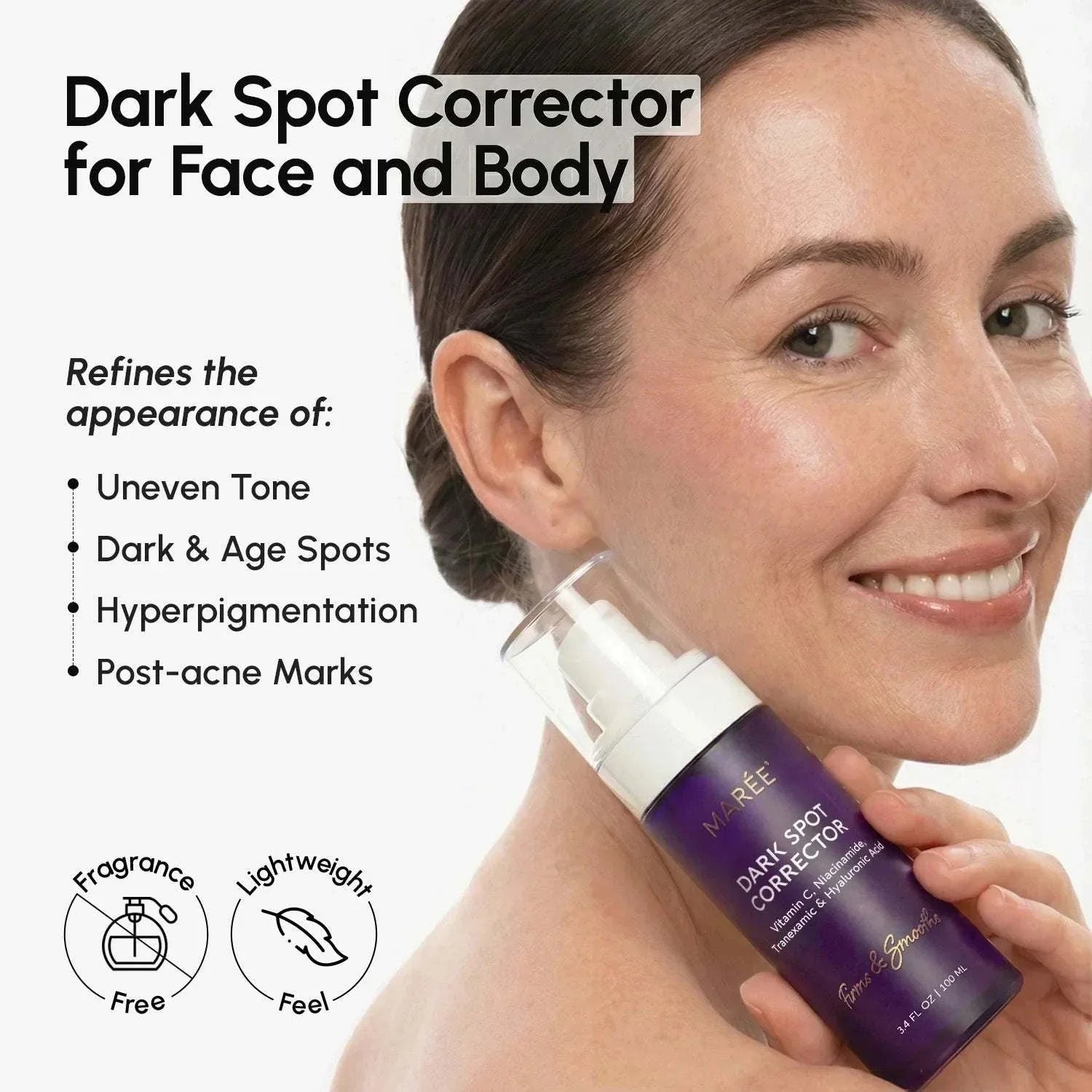 Face & Body Serum in a purple pump bottle, promoted for correcting dark spots and evening the look of skin tone