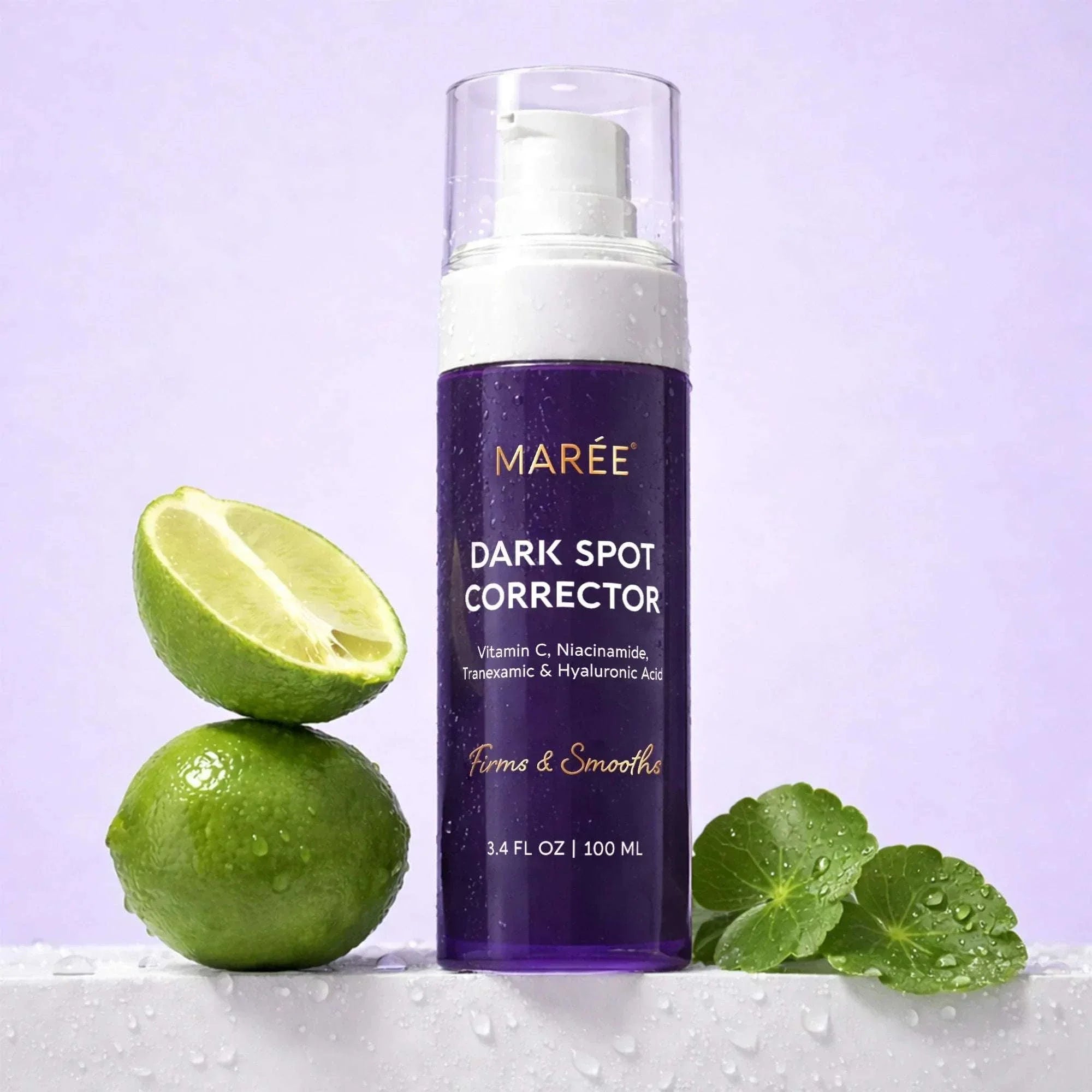 Face & Body Serum in a clear pump bottle with a purple label, featuring a dark spot corrector formula