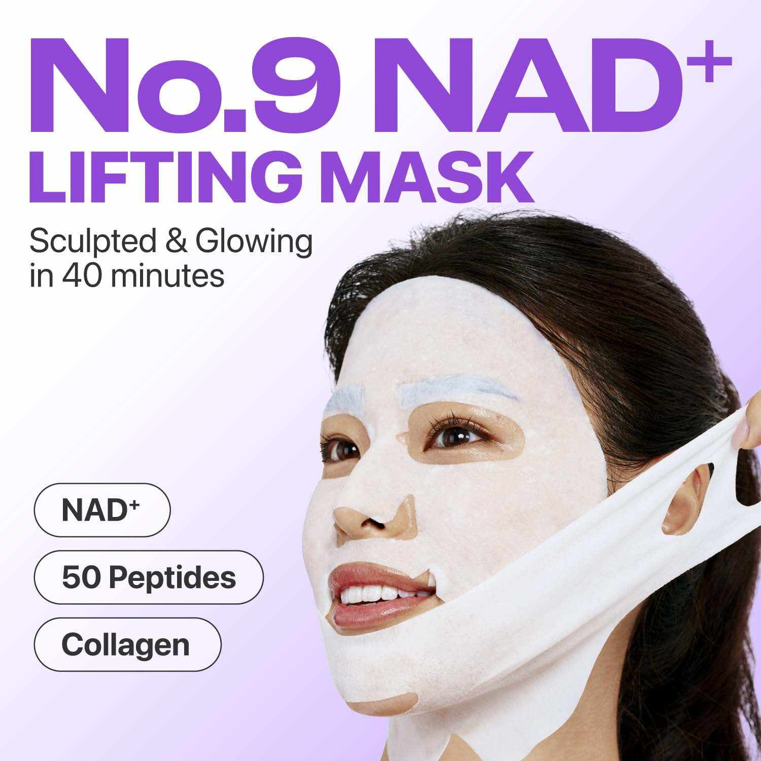 face lifting mask white sheet type applied on woman's face visibly lifting and smoothing skin, promoting sculpted and glowing effect