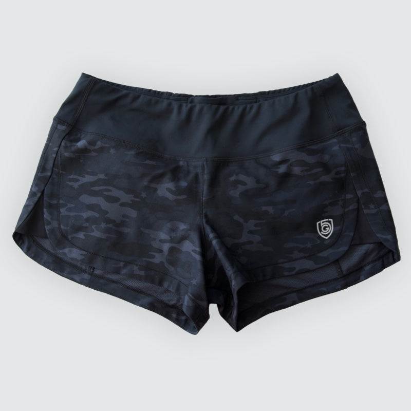 Fast & Free Women's Workout Shorts in black stretch fabric with a subtle dark camouflage pattern and wide waistband