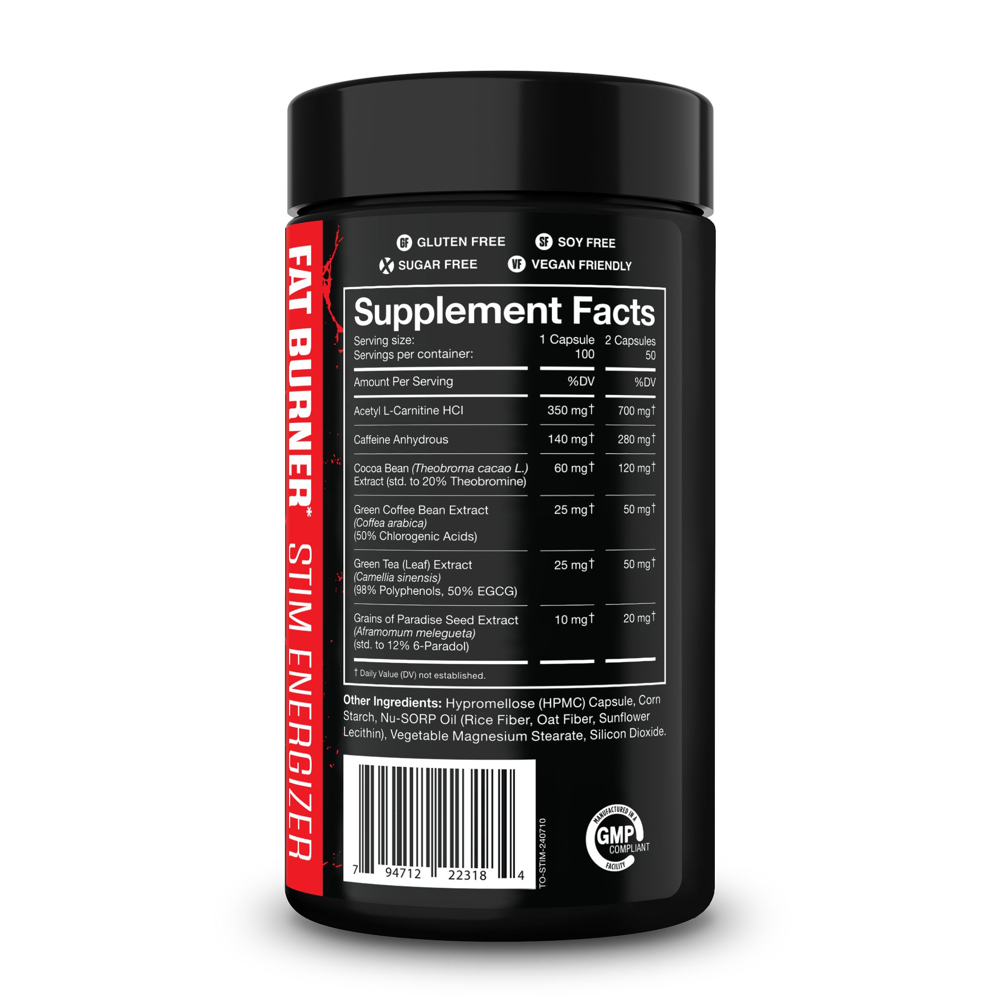 Fat Burner black supplement bottle with white text label showing ingredient facts, vegan-friendly and gluten-free icons