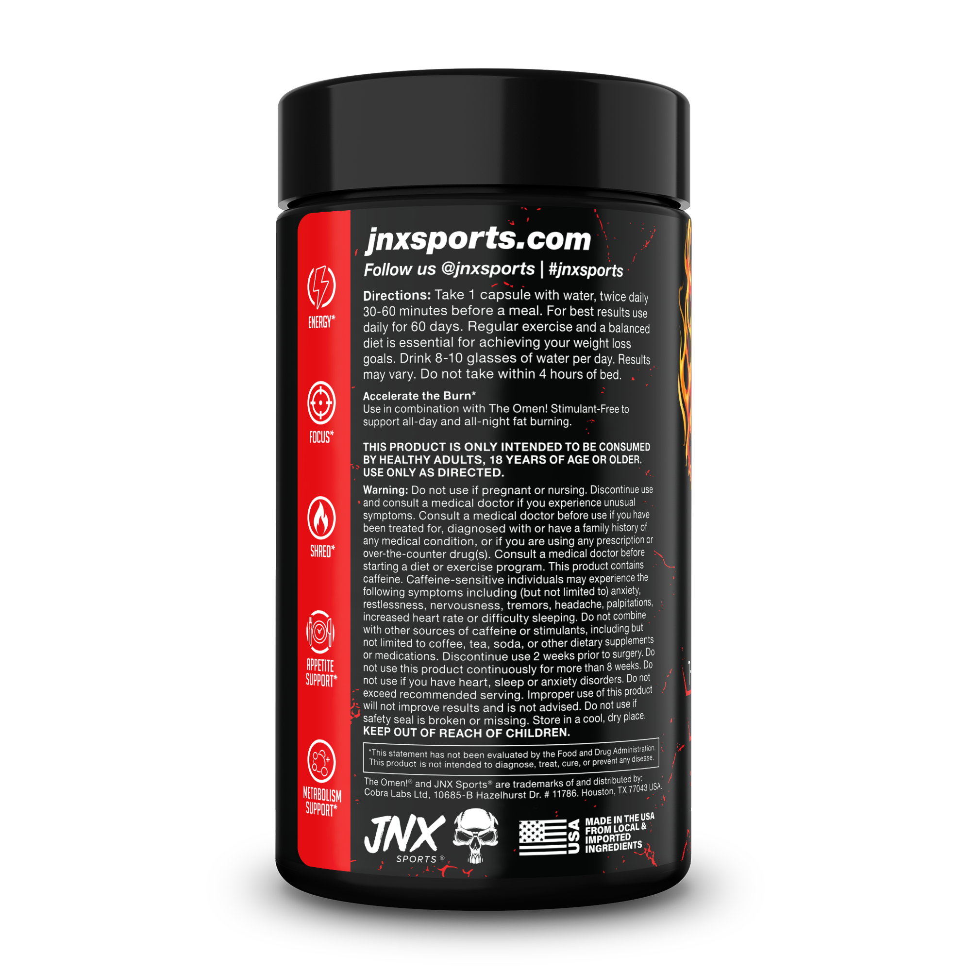 Fat Burner black supplement bottle with red and white text detailing usage instructions and warnings on the label
