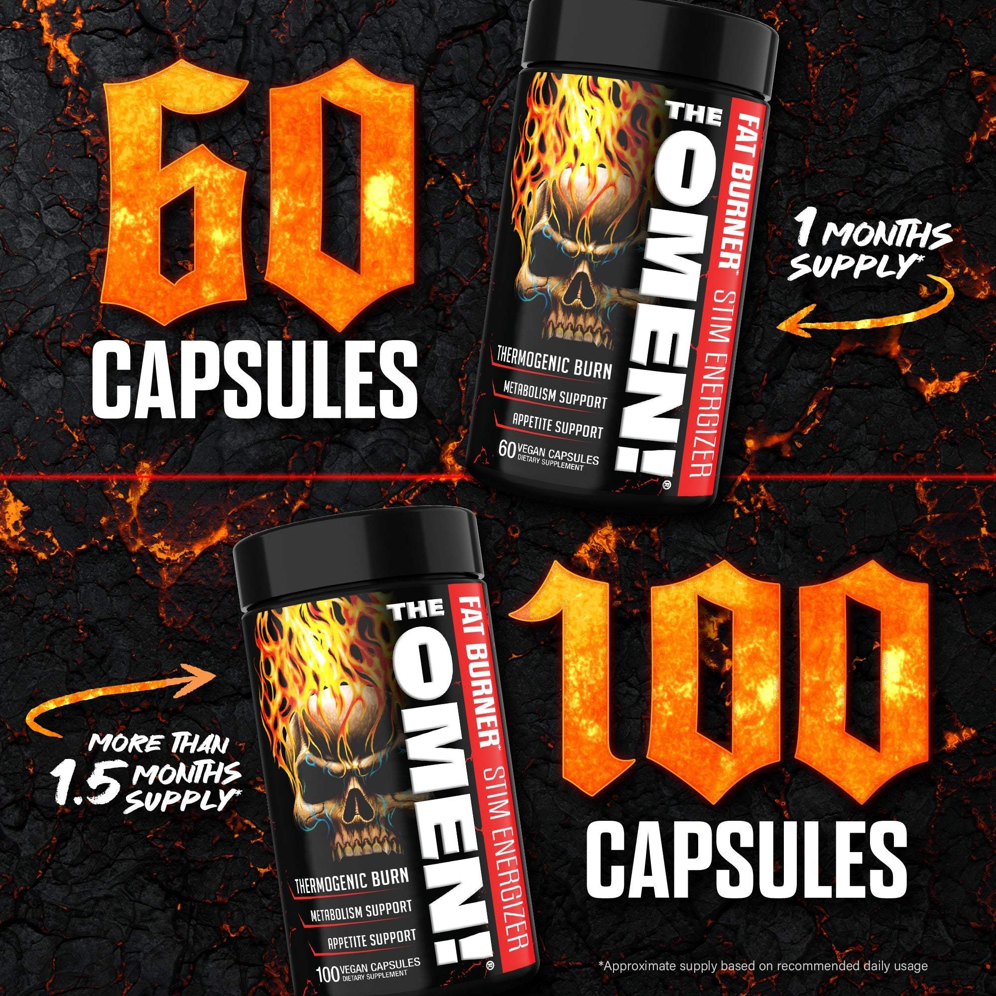 Fat Burner capsules bottle with dark label featuring fiery skull graphic and bold text for 60 and 100 capsule supplies