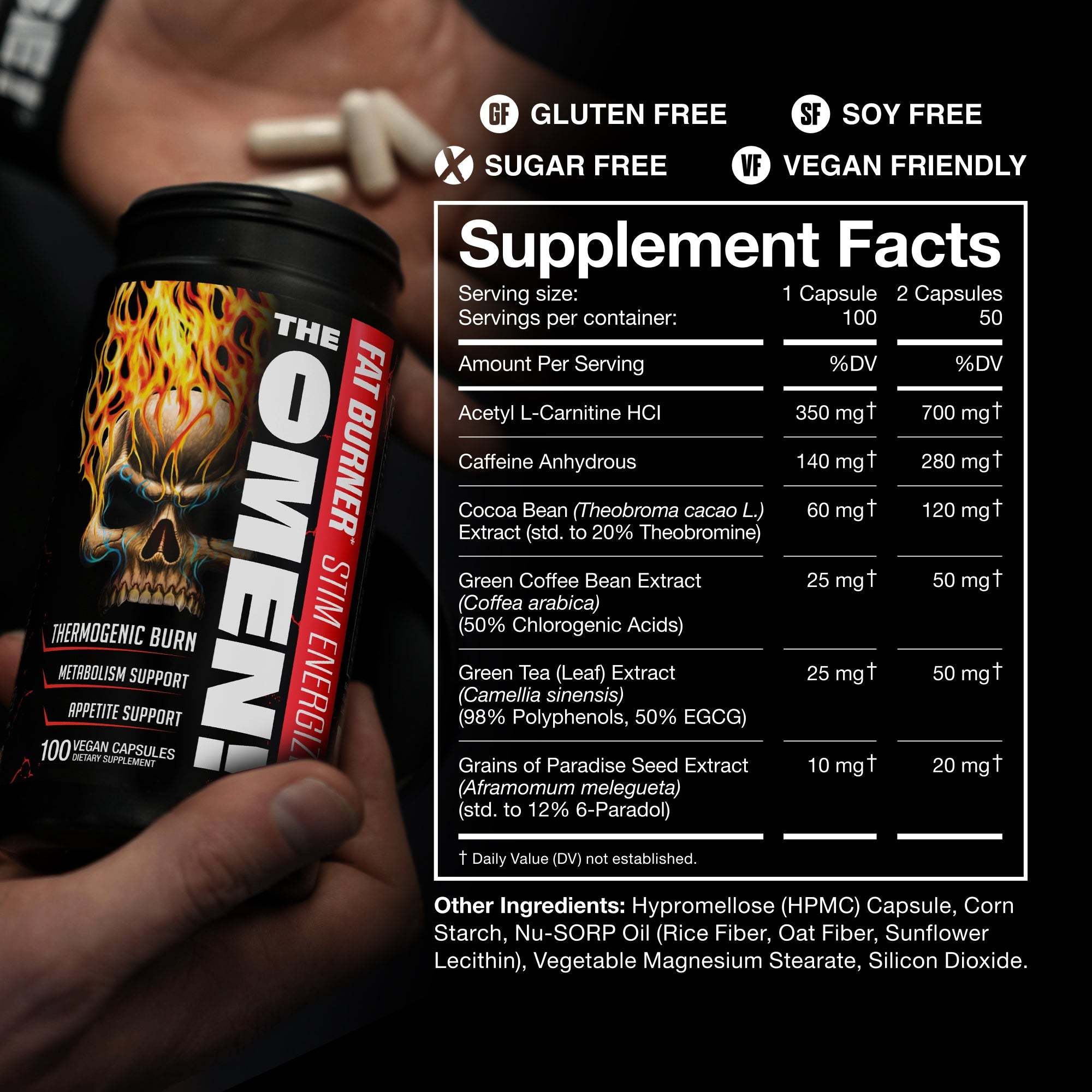 Fat Burner supplement bottle with black label featuring fiery skull graphic, metabolic support text, and vegan capsules held alongside supplement facts panel