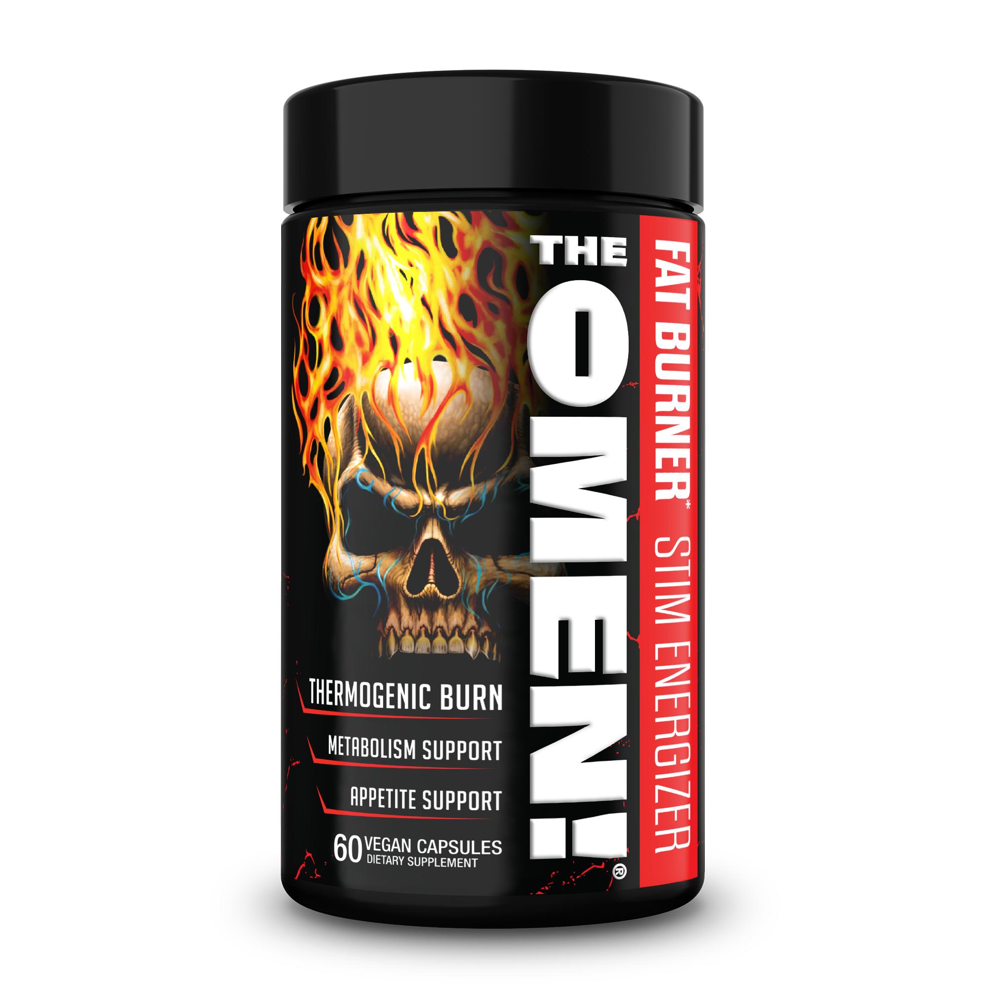 Fat Burner supplement bottle with black cap featuring fiery skull design and bold red and white text on label