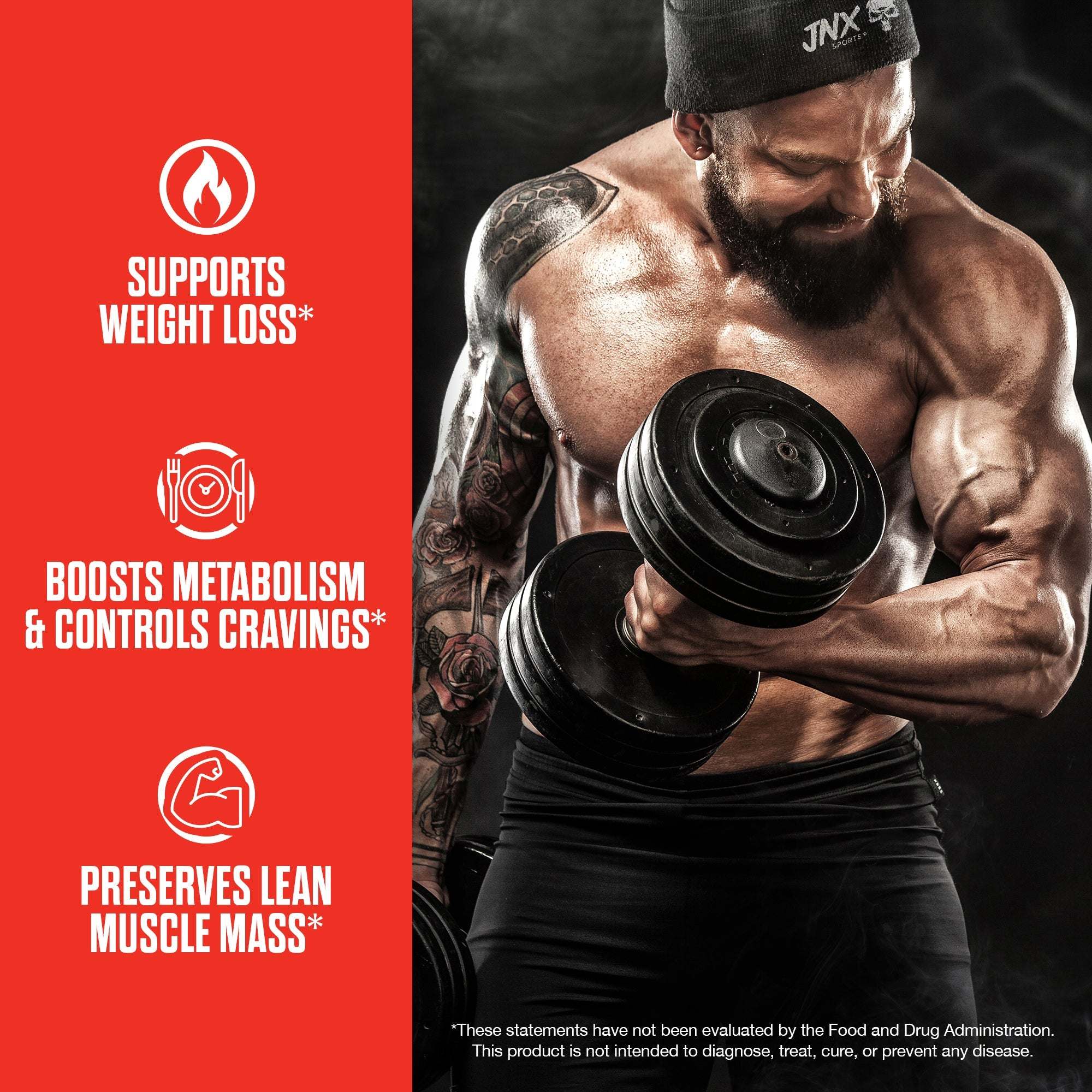 Fat Burner fitness supplement advertising with muscular tattooed man lifting dumbbell emphasizing weight loss, metabolism boost, and muscle mass