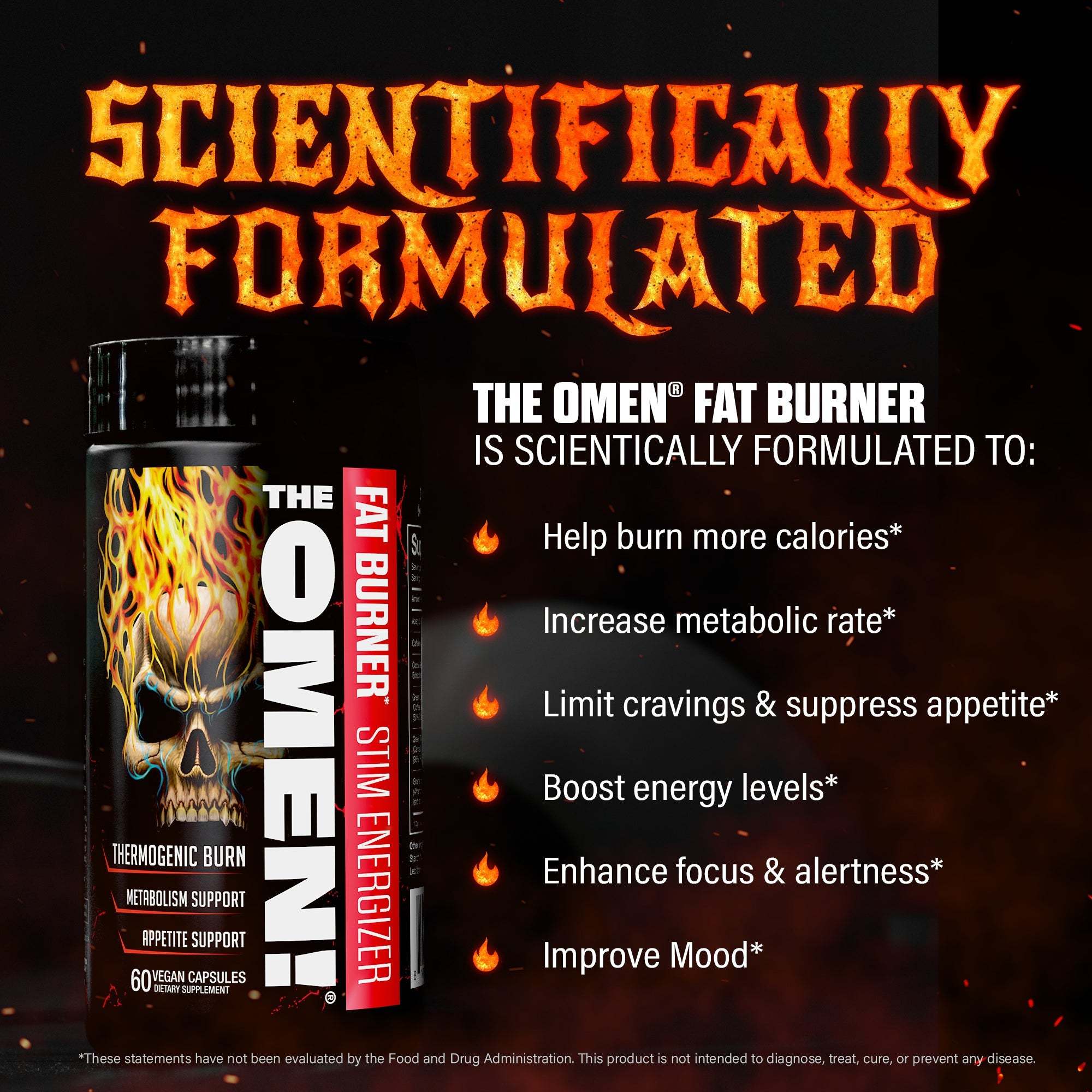 Fat Burner supplement bottle with black label featuring fiery skull artwork and bold red and white text for The Omen fat burner