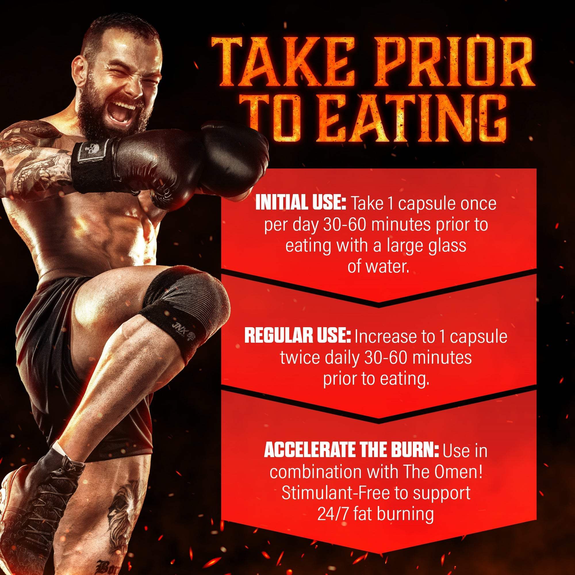 Fat Burner usage instructions with bold orange text, featuring initial, regular, and accelerated use guidelines on a red and black background